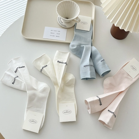 Women Slouch Socks Combed Cotton Mid Calf Breathable Soft Elastic Letter Print Ins Style Literary Creamy Color Casual