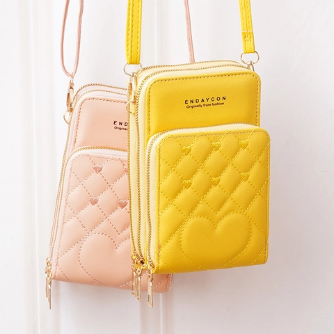 Damen PU Leder Umhängetasche Handy Tasche Mehrere Fächer Reißverschluss Herz Steppung Mode Einfache Kleine Schultertasche