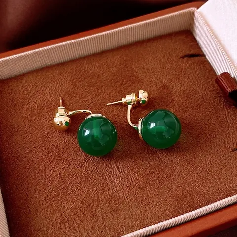 Vintage Green Round Bead Stud Earrings Elegant Copper Jewelry With 925 Sterling Silver Earring Post Luxury For Women