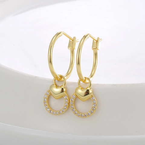 Westerse Stijl Verguld Koperen Hart Ring Oorbellen Voor Vrouwen Licht Luxe Zirconia Ingelegde Geometrische Hangende Oorbellen