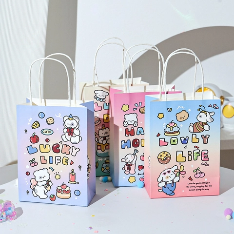 Cartoon Animal Kraft Paper Gift Bag Gradient Color Handbag For Birthday Party Candy Packaging Cute Design