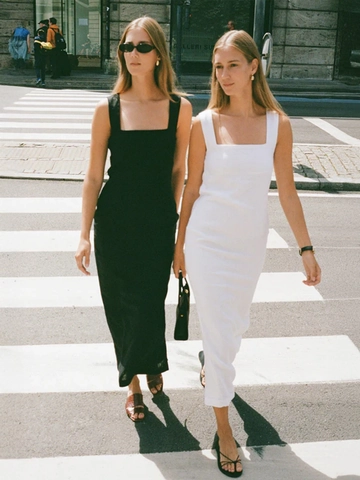 Square Neck Maxi Dress Cotton Linen Sleeveless Slim Fit Solid Color Summer Casual Vacation Split Hem Back Zipper Women