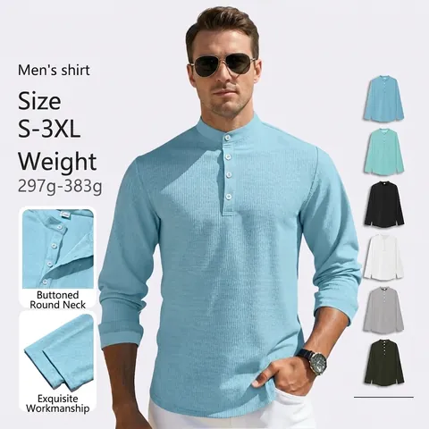 Maglia Henley A Maniche Lunghe Da Uomo In Maglia A Nido D'Ape Traspirante Casual Polo Con Pattina A Bottoni Slim Fit Tinta Unita