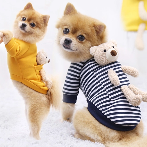 Süßer Gestreifter Hunde Hoodie Warmer Polyester Fleece Sweatshirt Mit Plüschbär Dekor Für Kleine Hunde Katzen Welpen Freizeitkleidung