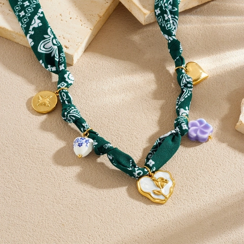 Boheemse Etnische Stoffen Touw Ketting Roestvrij Staal Verguld Hart Bloem Hanger Paisley Patroon Sieraden Dames