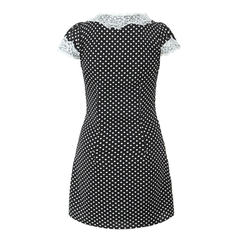 Vestido Corto De Lunares Encaje Patchwork Cuello En V Manga Corta Vintage Corte Entallado Elegante Verano