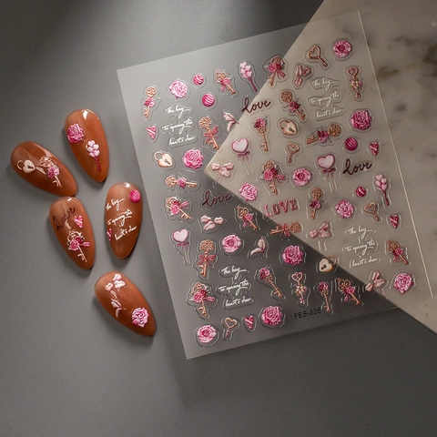 5D Embossed Nail Stickers Pink Rose Heart Vintage Key Design Retro Romantic DIY Manicure Decals For Women