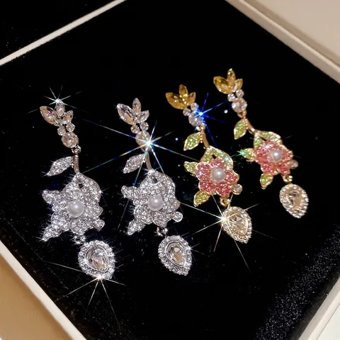 Pendientes Colgantes Flor Con Poste De Plata Esterlina 925 Aleación Brillantes Perla Artificial Colgante Gota Joyería Mujer