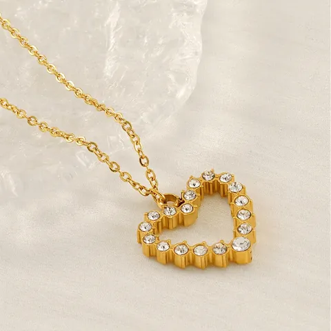 Herz Anhänger Halskette Edelstahl 18K Vergoldet Mit Strass Eingelegt Hohl Design Mode Schmuck Für Damen