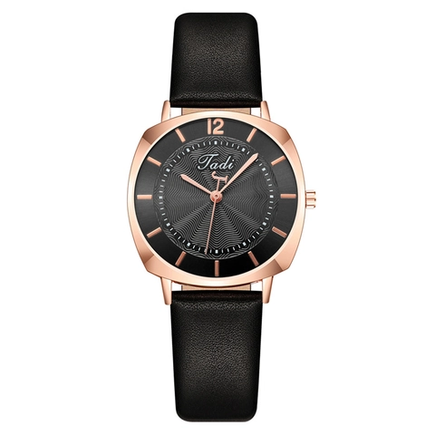 Elegant Fashion Women Quartz Watch Round Metal Case Wave Texture Dial Minimalist Faux Leather Strap Casual Wristwatch