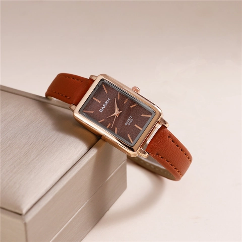Women Quartz Watch Rectangular Rose Gold Alloy Case Slim PU Leather Strap Simple Vintage Casual Analog Wristwatch For Ladies