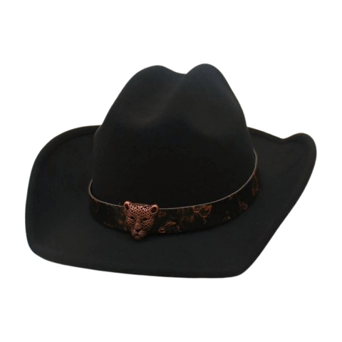 Western Cowboy Hat Vintage Polyester Felt Wide Brim With Leopard Print Band And Metal Buckle Retro Jazz Style For Adults