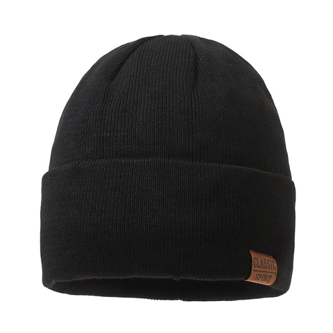 Winter Beanie Muts Voor Heren Fleece Gevoerd Warm Gebreid Acryl Geribbeld Schedelkapje Met Classic Sport Leren Patch