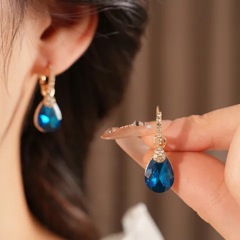 Pendientes De Aro Retro Franceses Gota De Agua Con Diamantes De Imitación Aleación Chapado En Oro Gema Poste De Plata Mujer