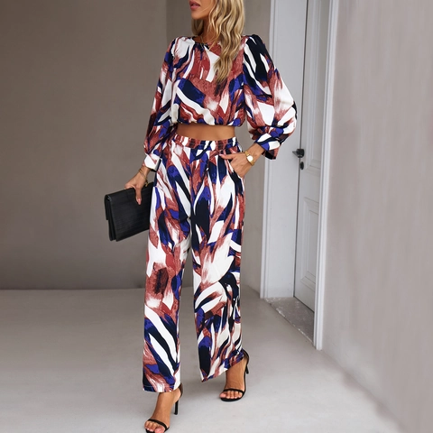 Dames Tweeledige Set Abstracte Print Crop Top En Wijde Broek Pofmouwen Casual Outfits