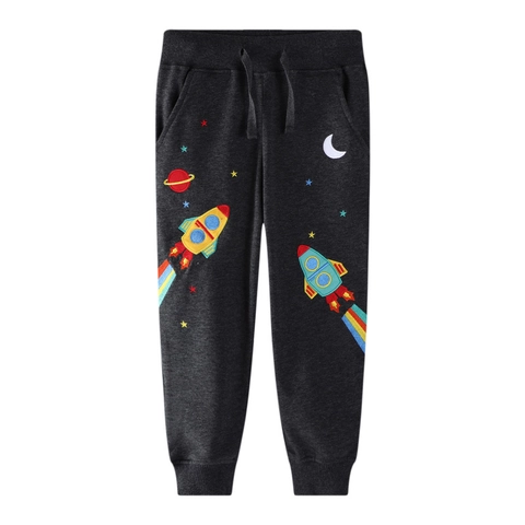 Boys Cotton Blend Sweatpants Space Rocket Embroidered Drawstring Joggers Casual Sports Trousers For Kids Toddlers