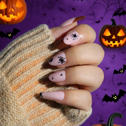 Halloween Unghie Finte A Pressione ABS Acrilico Motivo Ragnatela Teschio Lunga Bara Ballerina Punta Francese Per Donne