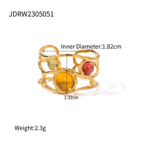 Vintage Court Style Mesh Open Ring 18K Gold Plated Stainless Steel With Colorful Resin Stones For Women