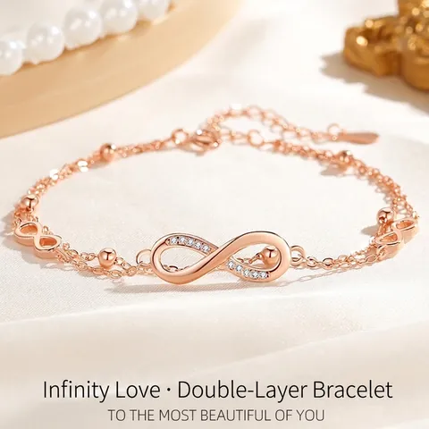 Braccialetto a Doppio Strato in Argento Sterling 925 con Simbolo dell'Infinito Platino Oro Rosa Strass Intarsiato Perline Regolabile Elegante Bracciale da Donna Gioielli