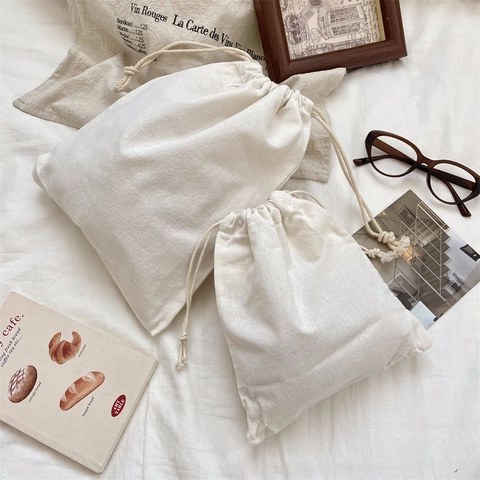 Minimalist Pure Cotton Drawstring Storage Bag Cream White Canvas Travel Makeup Organizer Dustproof Sundries Inner Pouch Home Bag