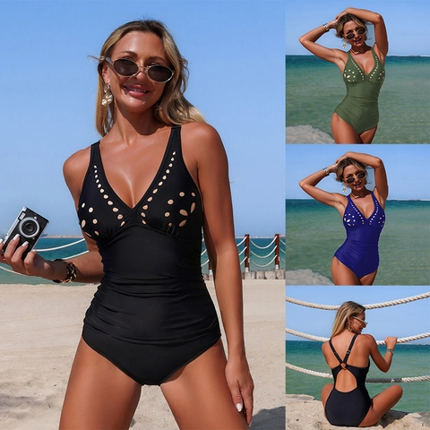 Damen Badeanzug Monokini Nylon Ausschnitt V Ausschnitt Gerafft Bauchweg Strand Rückenfrei Bademode Einfarbig Elegant Komfort