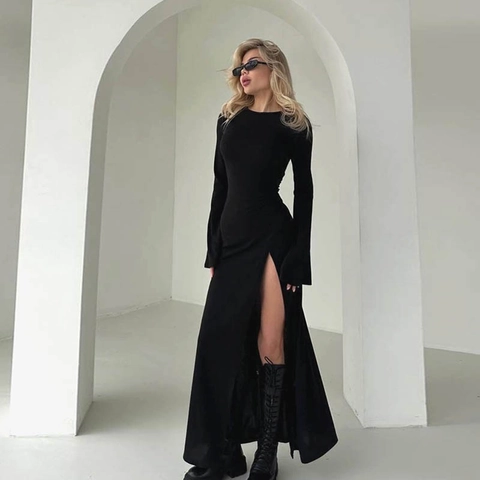 Elegant Black Long Sleeve Maxi Dress Flared Sleeves High Slit Slim Fit Polyester Spandex Minimalist Party Solid Color