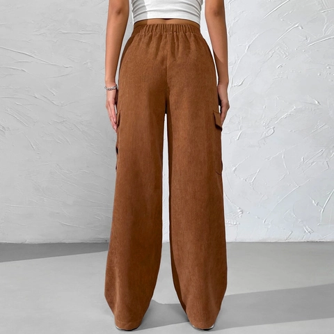 Damen Cordhose Cargo Pants Hohe Taille Elastischer Bund Weites Bein Gerade Hose Mit Seitentaschen Lässig Locker Retro
