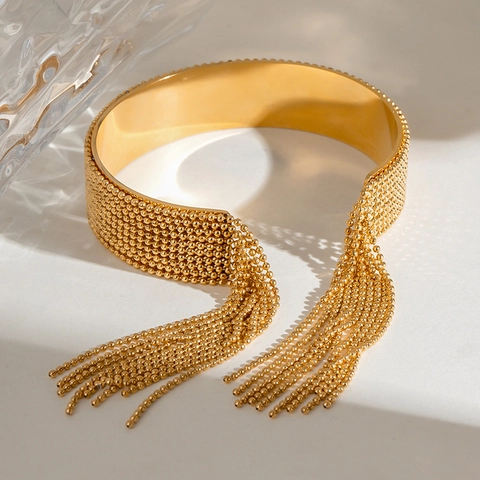 Edelstahl Quasten Armreif Gold Plattiert Offene Manschette Fransen Perlen Textur Eleganter Schmuck Für Damen