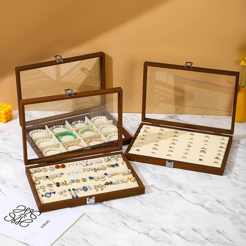 Vintage Walnut Wood Jewelry Box With Glass Lid Flannel Lining Rings Necklaces Earrings Storage Case Display Organizer