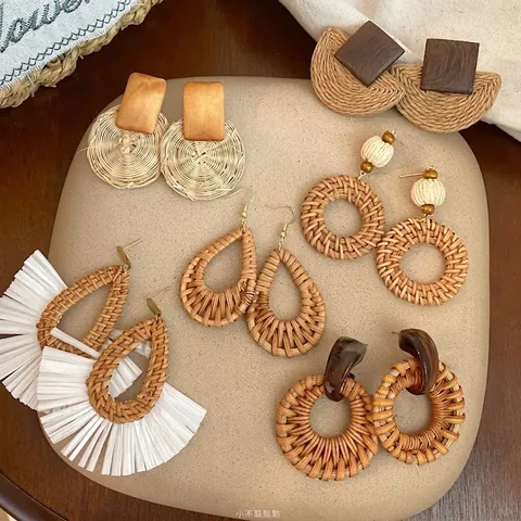 Boucles D'oreilles Faites À La Main En Rotin Raphia Pour Femmes Style Bohème Rétro Ethnique Bois Résine Avec Tige En Argent