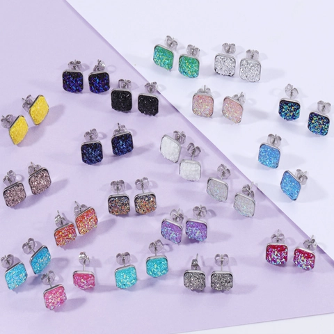 Square Stud Earrings 304 Stainless Steel Druzy Crystal Geometric Starry Rhinestone Fashion Sweet Jewelry Women Girls