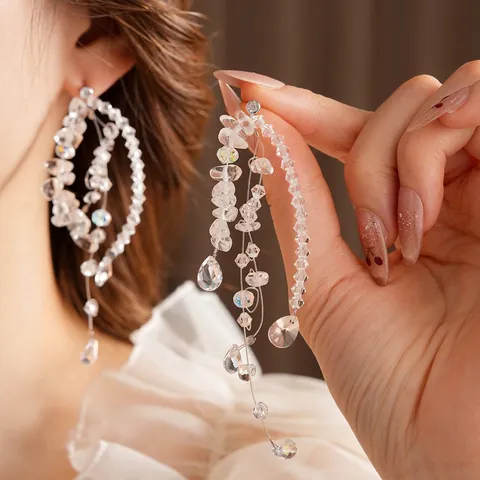 Irregular Waterdrop Tassel Dangle Earrings Clear Glass Crystal Beads With Silver Earring Post For Women Fashion