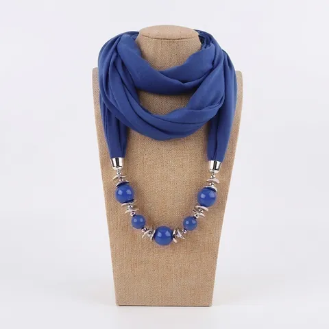 Women Ethnic Style Beaded Scarf Necklace Solid Color Polyester Scarf With Large Beads Alloy Rings Fashion Decorative Neck Warmer Scarf Jewelry Gift
