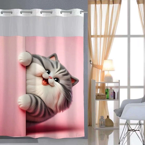 Tenda Da Doccia Gatto 3D Impermeabile Muffa Resistente Tessuto Poliestere Design Senza Ganci Bagno Fodera Rimovibile
