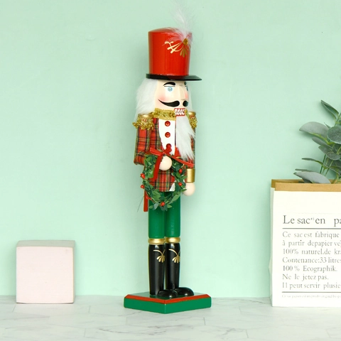 Christmas Nutcracker Soldier Figurine Wood Painted Holding Wreath Scottish Plaid Jacket Festive Home Tabletop Decoration