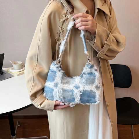 Women Denim Shoulder Bag With White Fringe And Transparent Acrylic Chain Strap Crossbody Underarm Handbag