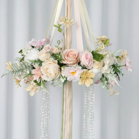 Artificial Rose Peony Hanging Floral Ornament With Satin Ribbons And Crystal Beads For Wedding Party Home Decoration