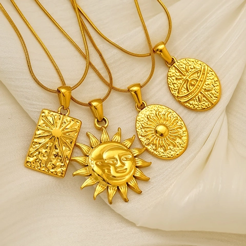 Vintage Tarot Sun Square Pendant Necklace Gold Plated 304 Stainless Steel Snake Chain Celestial Jewelry Bohemian For Women