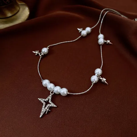 Vintage Faux Artificial Pearl Necklace With Copper Planet Star Pendant Rhinestone Accent Elegant Jewelry For Women Silver Color