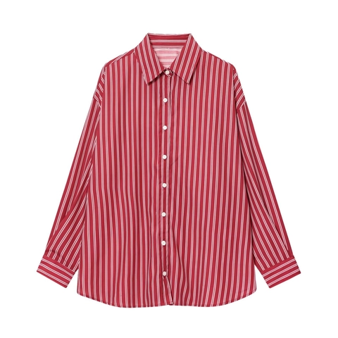 Women Long Sleeve Vertical Striped Shirt Polyester Poplin Button Down Loose Fit Casual Lapel Blouse Top