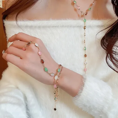 Alloy Resin Jewelry Multi-Color Long Y Necklace And Finger Ring Bracelet For Women Elegant Bohemian Style