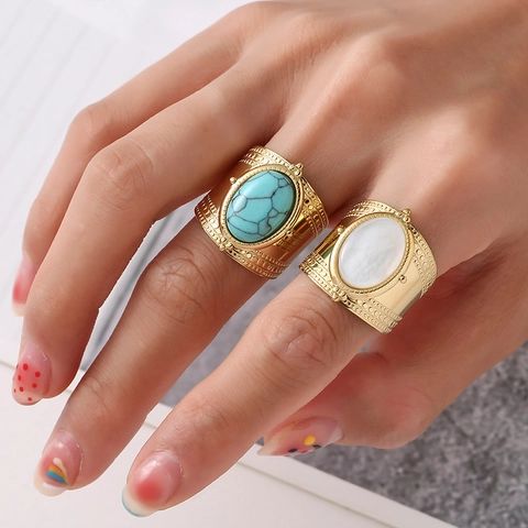 Bohemian Wide Band Adjustable Ring For Women Stainless Steel Natural Turquoise White Mother Of Artificial Pearl Vintage Jewelry