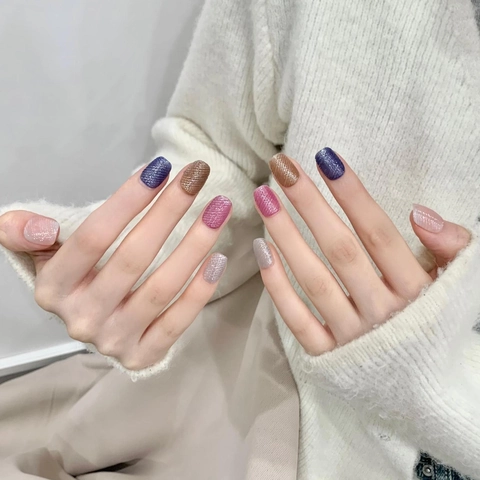 Handgefertigte Katzenauge Regenbogen Künstliche Nägel Kurz Ballerina Glänzend Bunt Glitzer Kunstnägel Set Mit Kleber Kit Damen