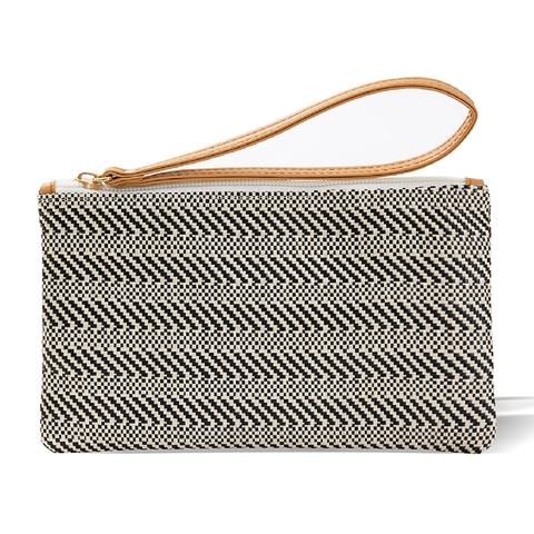 Woven Straw Like Wristlet Clutch Wallet With Card Slots Striped Pattern Zipper Coin Purse For Women Casual Beach Style