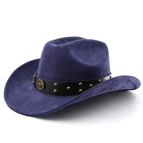 Western Cowboy Hat For Men Women Wide Brim Suede Felt Jazz Fedora With Bull Head Buckle Decorative Leather Belt