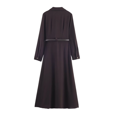 Women Long Sleeve Shirt Midi Dress Solid Coffee Polyester Elegant Lapel Button Down Flared Hem With Belt High Waist Fashion