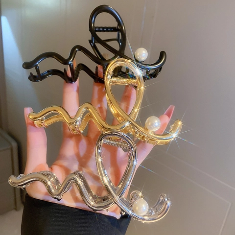 Pinza Para El Cabello Aleación Diseño Ondulado Con Perla Artificial Sintética Elegante Gran Garra De Tiburón De Metal Accesorio