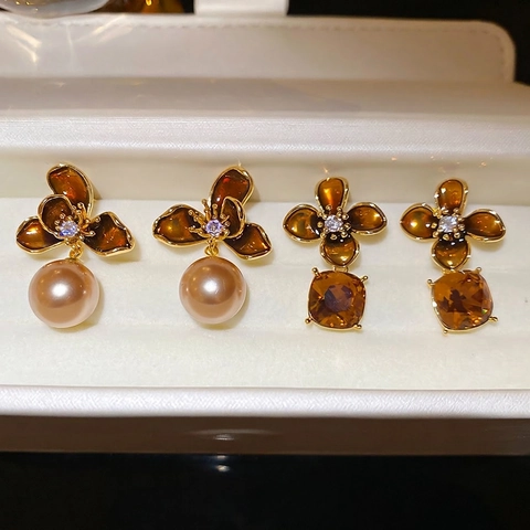 Orecchini A Fiore Vintage Maillard Con Perno In Argento Sterling 925 Perla Artificial Champagne Zircone Cristallo Ambra Lega