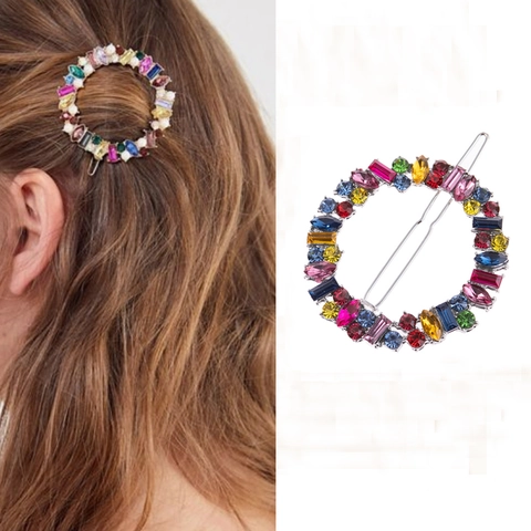 Barrette À Cheveux Ronde En Alliage Avec Strass Colorés Design Couronne Pince À Cheveux À La Mode Pour Femmes