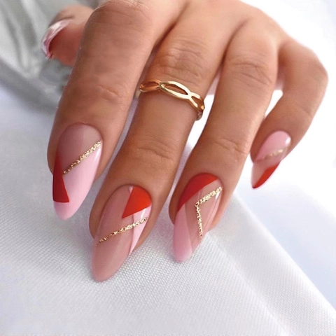 Press On Nails Geometric Pink Red Color Block Gold Glitter Line Long Almond Stiletto Shape False Nails For Women